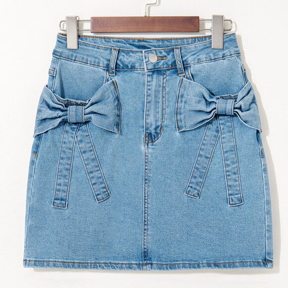 ๐ Dusk Blue Acid Wash Denim Skirt with Bowknot โ High-Waist & Head-Turning! - Picture 1 of 7